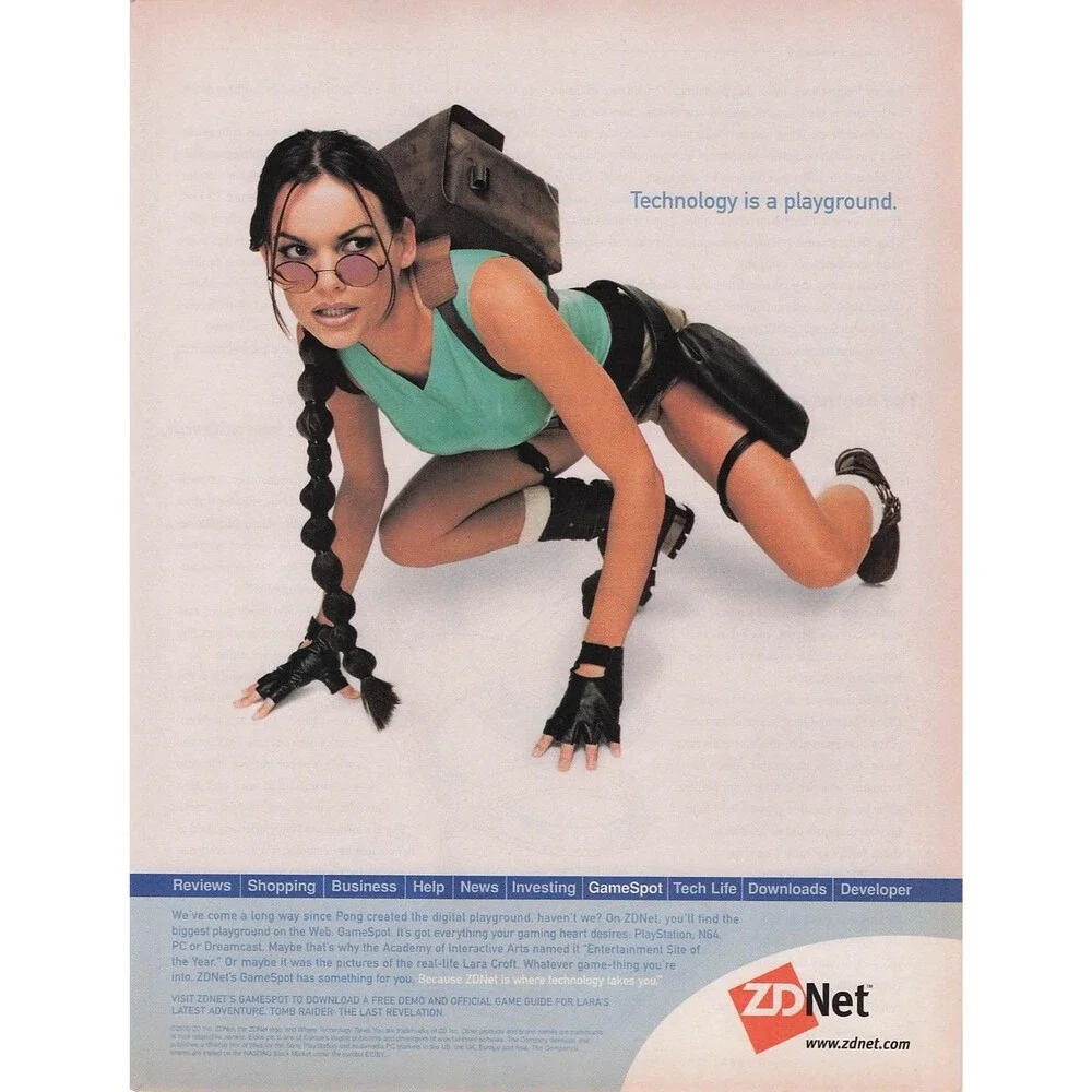 2000 ZDnet Laura Croft Tomb Raider long legs Lara Weller Pinup Poster Print ad